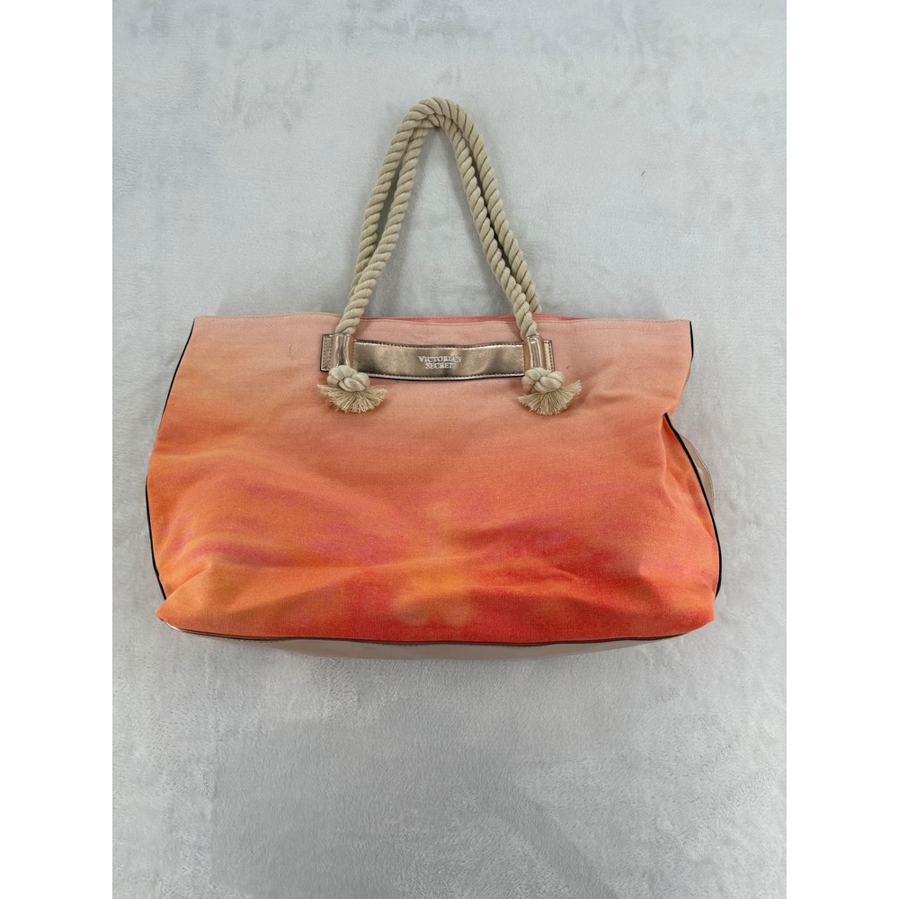 Victoria's Secret Tote Bag OS Orange Ombre Rose Gold Metallic Rope Handle Beach